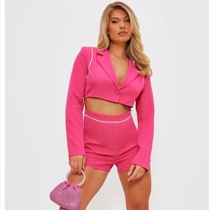Hot Pink Diamante Trim Cut Out Blazer Romper